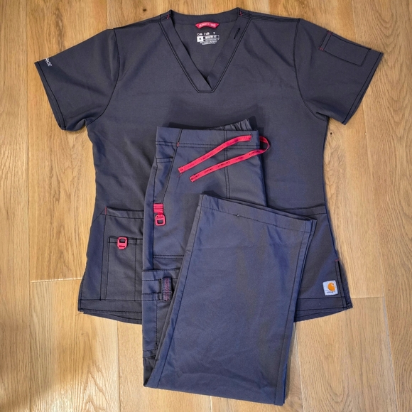Carhartt Other - Carhartt Force Cross Flex Scrub Set Womens Medium Pewter Gray Pink Trim Stretch